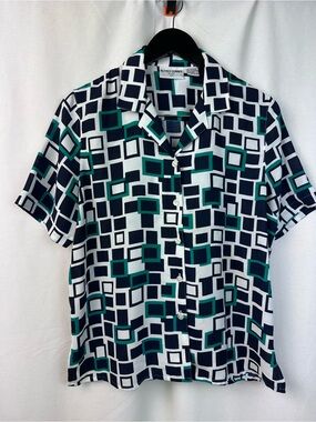 Alfred Dunner Navy, Teal & White Geometric Short Sleeve Button Shirt